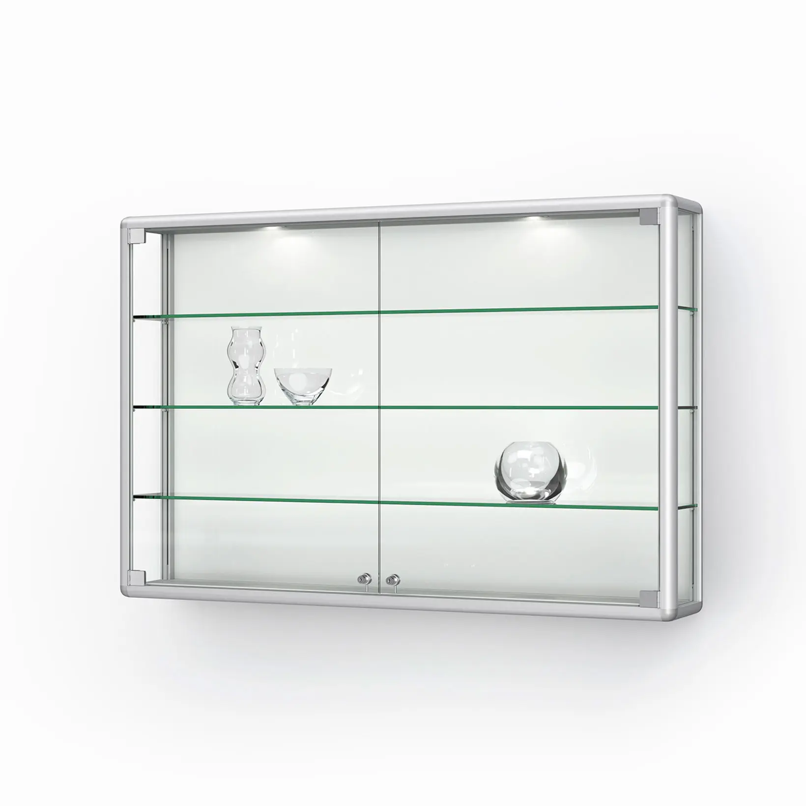 Wandregal, Vitrinedisplay, Glasregal, Led Beleuchtung, Schrank mit Glastüren