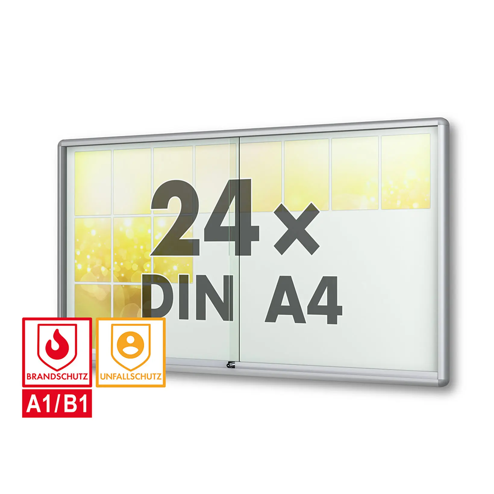 schaukasten moveo - die Schulvitrine - mit Brandschutzklasse A1 - Rollengelagerte Schiebetueren abschliessbar ESG-Sicherheitsglas