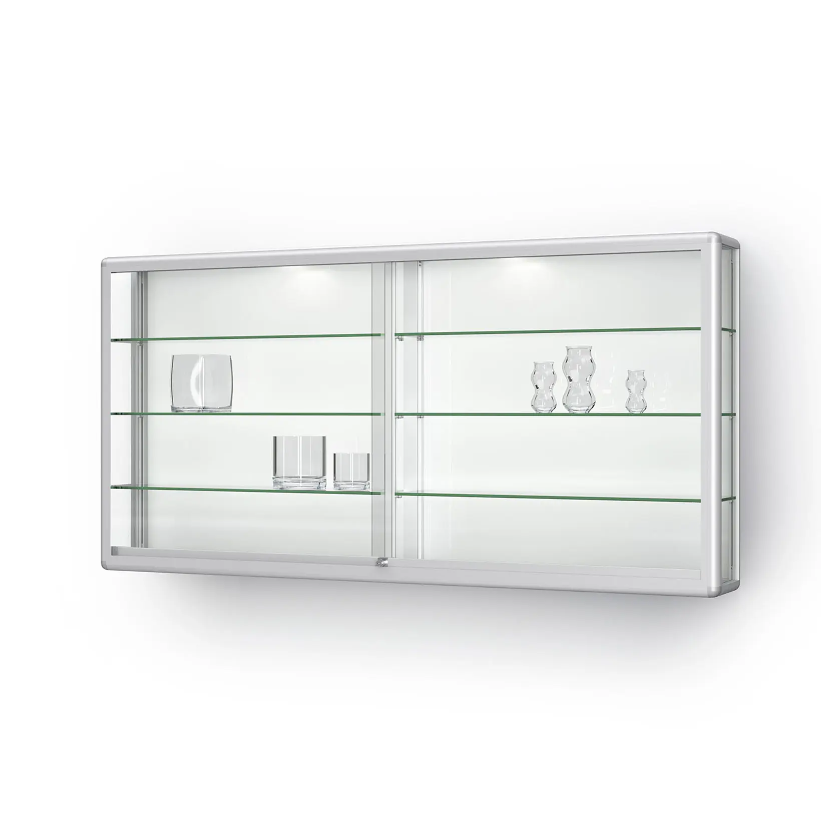 Wandregal, Glasregal, Vitrinenschrank, LED Beleuchtung, Gläserset